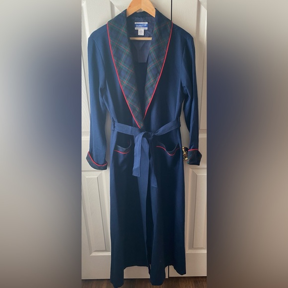 VINTAGE 1990s Y2K Pendleton Navy 100% Virgin Wool Tartan Plaid Trimmed Robe M - Picture 1 of 8